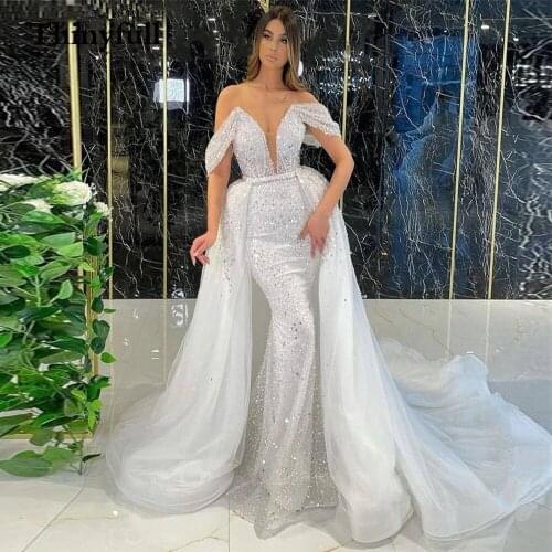Bling Glitter Long Boho Wedding Dresses SparklyOff Shoulder Mermaid Beach Bridal Gowns Long Train Sleeveless Country Bride Dress