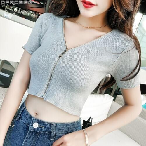 Sexy V-Neck Crop Tops For Women Fashion Streetwear Zipper Tee Shirt Femme Summer Knitted Midriff Top Gray Black White T-shirt