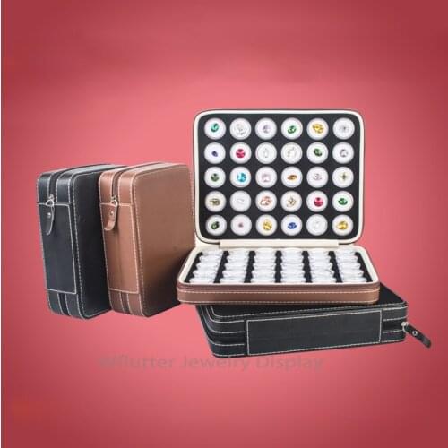 High Quality Leather Gem Bag Display Travel Ziplock Diamond Bag Gemstone Box Stone Storage Bag Inside 60 Cells Round Gem Box