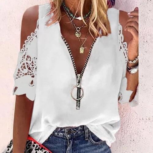 Fashion Lace Blouse Shirt Cold Shoulder Sexy V-neck Tops Casual Ladies Tops Autumn Winter Female Women Short Sleeve Blusas
