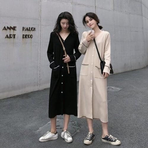 Women Spring Sexy V Neck Long Shirt Dress Vintage Elegant Single Breasted Loose Knitted Sweater Dresses Pocket