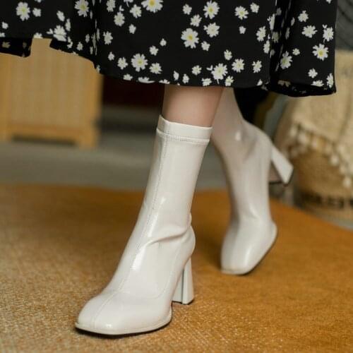 2021 Winter Autumn Fashion Square Toe Elastic Patent Leather Mid Calf Boots Spring Leather Square Heel Ladies Fashion Boots