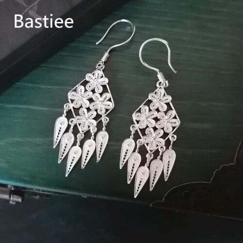 Bastiee Geometric 999 Sterling Silver Earring For Women Flower Tassel Earings Luxury Jewelry Ethinc Vintage Dangle Gypsy Style
