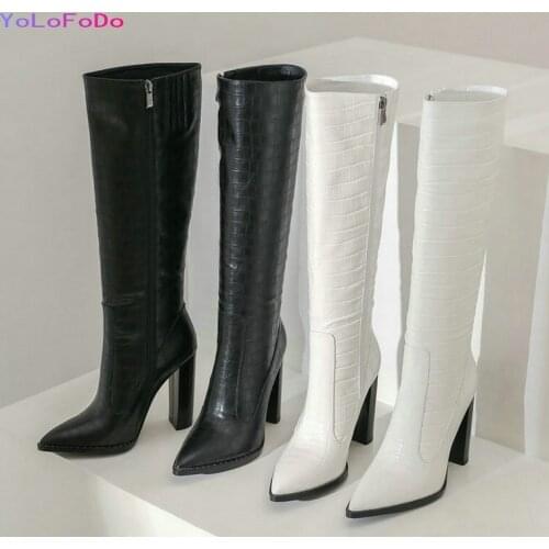 2021 Faux Leather Women Knee High Boots Fashion Pointed Toe Square High Heel Ladies Calf Boots Side Zipper Autumn Winter Shoes