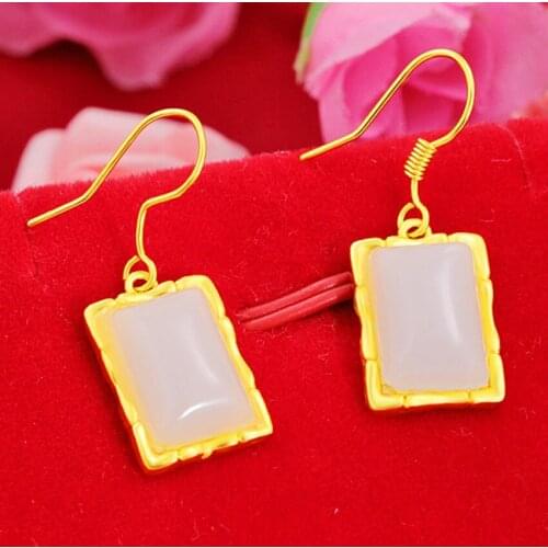 FYJS Unique Light Yellow Gold Color Rectangle Shape White and Green Agates Dangle Earrings for Women Jewelry