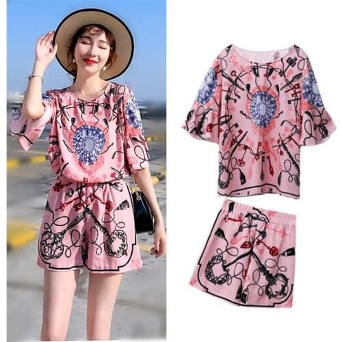 Summer Vintage Style Clothing Set Two Piece Set Women Retro Floral Printed Blouses Tops And Short Pants Women Tracksuit SY201