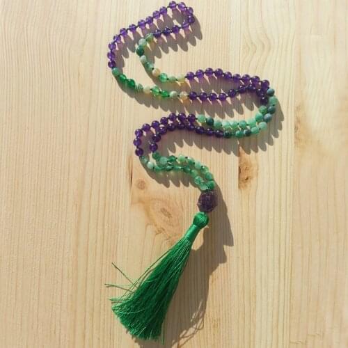 Raw Amethysts Pendant Necklace Green A-gate Knotted Necklace Long Tassel Mala Necklace Boho Jewelry Handmade Gift For Her