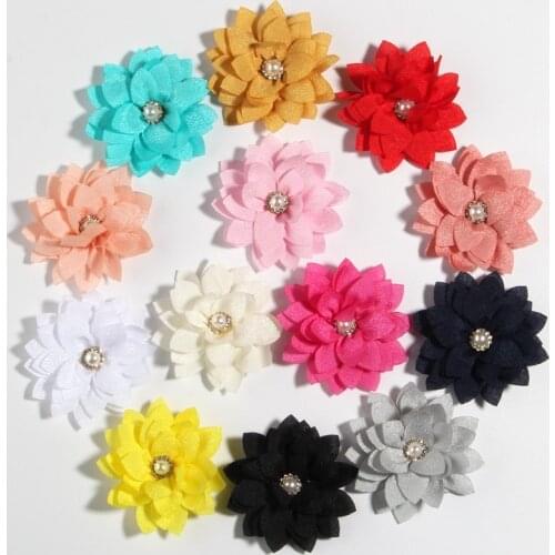 10PCS 5.5CM 2.1" Small New Lotus Fabric Flowers With Pearl Center Handmade Bloom Flower For Headband Wedding Bouquet Accessory