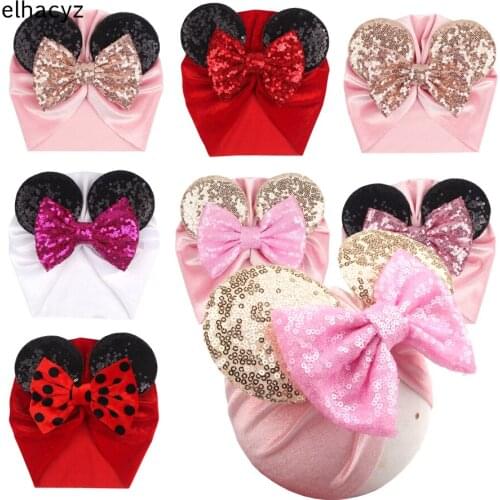 10pcs/lot Mouse Ears Velvet Head Wrap 5'' Sequin Bow Turban Girls Glitter Elastic Headband Infant Beanie Cap Kids Hair Accessory