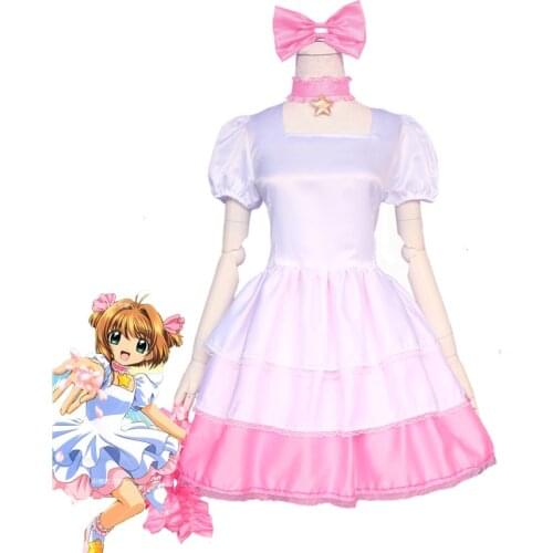 Anime Cardcaptor Sakura Cosplay Costume Kinomoto Sakura Cosplay Costume Pink White Battle Suit Full Set Lolita Dress