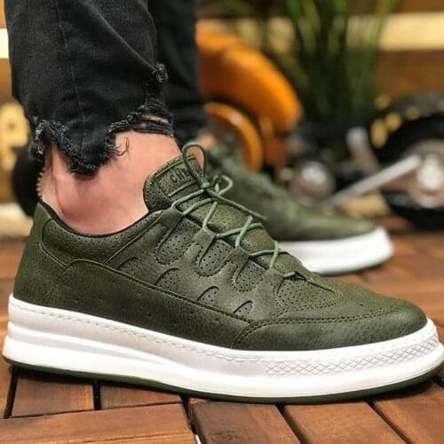 Chekich Mens Casual Shoes Khaki Color Artificial Leather Spring Fall Season Green Fashion Breathable Wedding Formal Suits Office Flat Orthopedic Sewing and High Outsole White Base Walking Sneakers Odorless CH040 V3