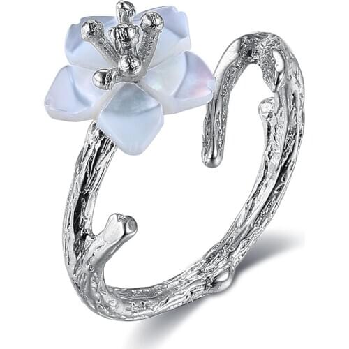 ZEMIOR 925 Sterling Silver White Cherry Adjustable Finger Ring Pearl Shell Flower Branch Rings For Women Engagement Jewelry Gift