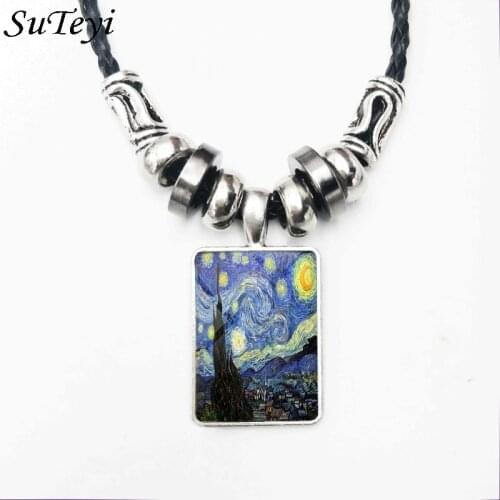 Suteyi Van Gogh Keepsake Shaped Square Glass Necklace Pendant Impressionism Stars Blue Yellow Flower Sunflower Evening Star