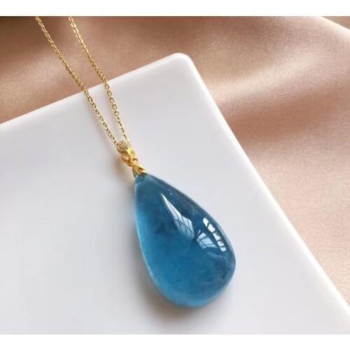 Natural Blue Aquamarine Water Drop Pendant Brazil 33.6*18.5mm Women Men 925 Sterling Silver Jewelry Aquamarine Necklace AAAAA