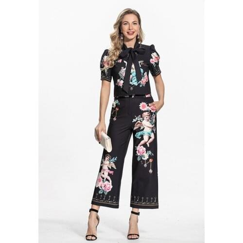 2021 Autumn Angel Print Lace-up Top with Cuffs and Wide-leg Pants Two Piece Set Elegant High Quality Professional Womens Suits