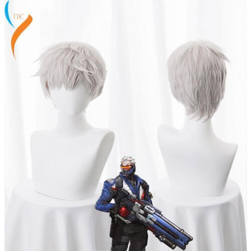 New Arrival Game Cosplay Wig 30cm Short Straight Hair Soldier 76 Jack Morrison Wig for Man Boy Costume Party Silver Grey