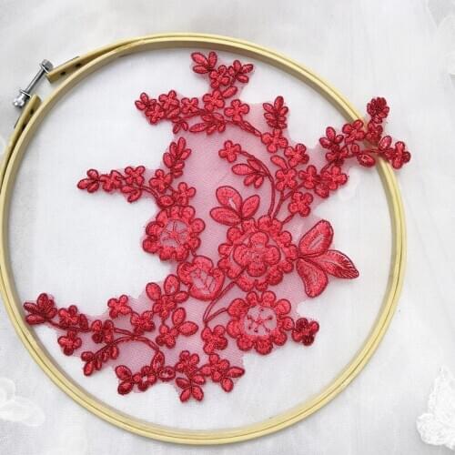 10Pcs 25x21cm DIY Handmade Red Lace Applique Flower Patch Wedding Dress Accessories Embroidery Fabric Mending Clothes