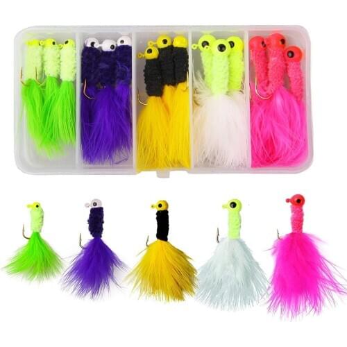 15pcs Fishing Lure Jigs Lead Head Hook Marabou Hair Feather Tail 1/8 1/16 1/32oz For Panfish Bass Fishing Hard Lure