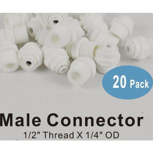 Straight Male Connector 1/2" Thread x 1/4" Quick Connect RO System and Water Filter Fittings - 20 PACK