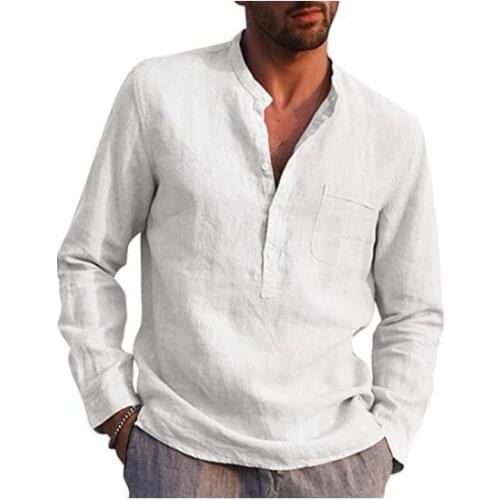 2021 Linen shirt Men Long Sleeved Henley Neck Shirts