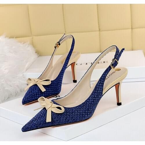 Korean Fashion Woven Shallow Mouth Pointed Toe Color Matching Small Bow Hollowed Back Strap Single Shoes Female High Heels
