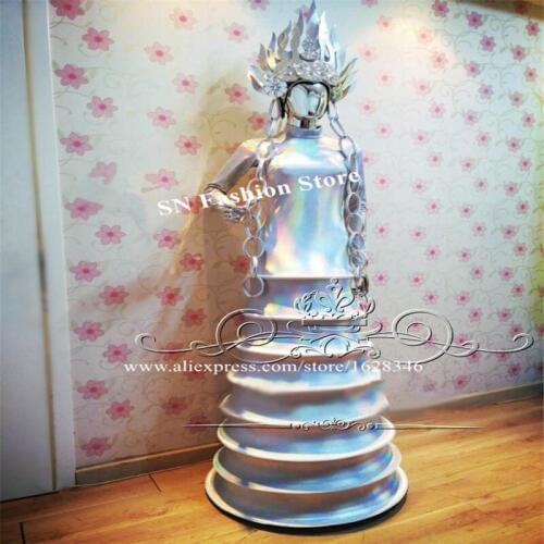 P30 Party singer wears evening dress silver mirror long skirt ds performance outfits bar headwear disco clothe future headdress