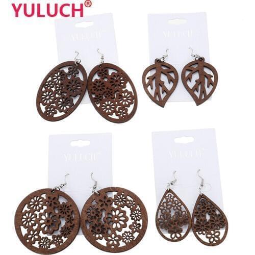 YULUCH Wooden plum hollow out pendant set for fashion African women popular design 4 pairs of set earrings wedding gifts