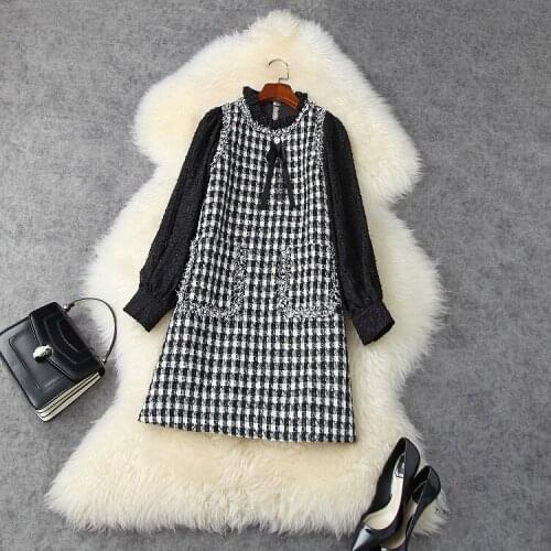 American European womens and wear 2021 winter new style Long - sleeved standneck bead stitching on tweed fashion dress