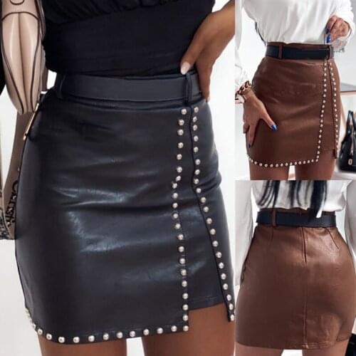 Women Autumn Winter PU Leather Bandage Skirts Sexy Fashion High Waist Beading Skirt Without Belt