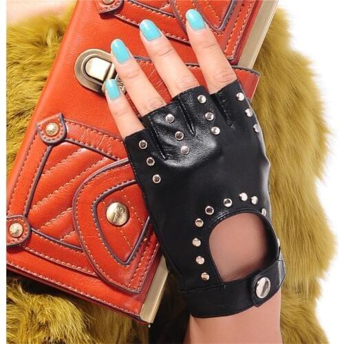 Semi-Fingers Gloves Ms.Summer Dance Performance Short Style Punk Rivet Half Finger Genuine Leather Womans Gloves NS11