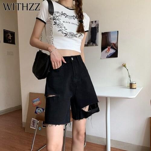 WITHZZ Spring Summer Womens High Waist Loose Retro Hole Wide Leg Jeans Denim Shorts