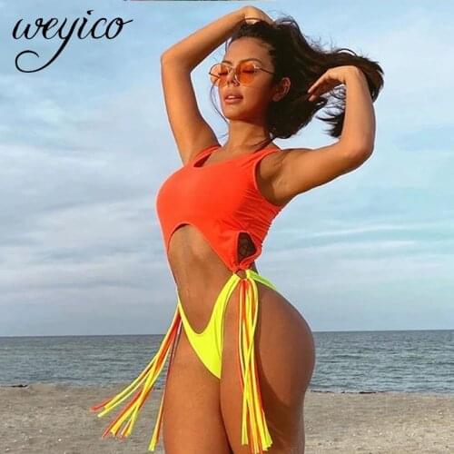 Women One Piece Swimsuit Push Up Bodysuit Hollow Out Monokini Tassel Bathing Suit Patchwork Swimming Suits Swimwear Beachwear