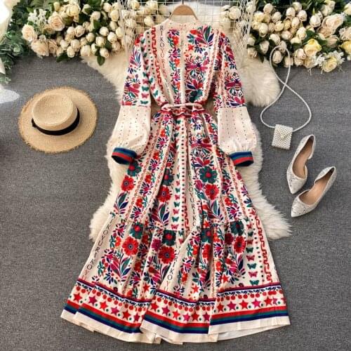 Womens Spring Autumn Runway Fashion Vintage National Print Dress Female Travel Chic Beach Dress TB1754