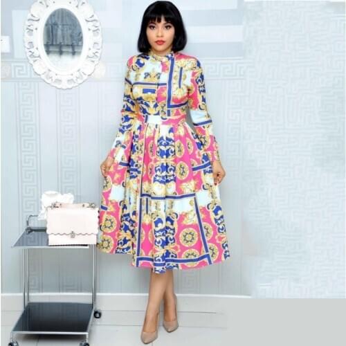 Spring Autumn Lapel Mid-Calf High Waist Dress Big Plus Size Geometric Printed Elegant Office Ladies Tunic Pleated Midi Dress