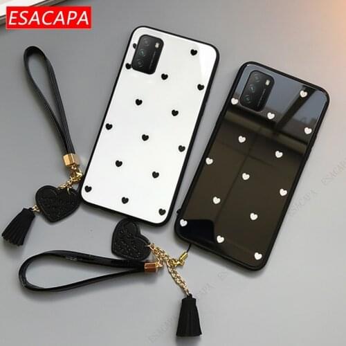 Lovely Heart Tempered Glass Hard Phone Case For Xiaomi Poco M3 X3 NFC Lanyard Protect Back Cover For Mi Redmi K30 Pro Note 9 Pro