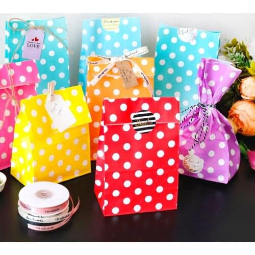 5pcsColorful Dot Stripe Paper Bags Stand Up Open Top Gift Packaging Bag DIY Stationery Envelope School Office Supplies 24x13x8cm