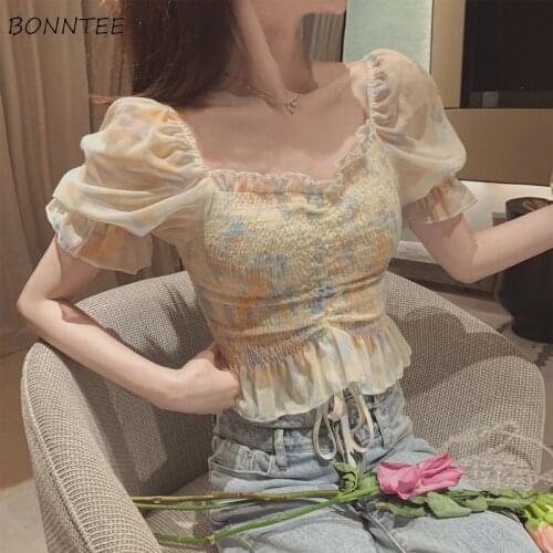 Blouses Women Bodycon Shirring Vintage Print Fashion Square Collar Crop Tops Summer Ulzzang Casual All-match Slim Streetwear Ins