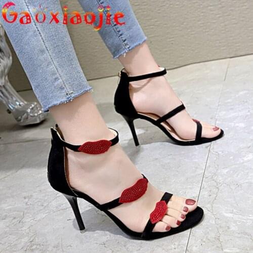 Super High Heel Woman Sexy Diamond Red Lips Party Sandal 9CM High-Quality Flock Zip Cover Heel Model Star Stage Stiletto Shoes