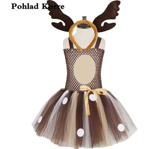 Christmas Deer Girls Tutu Dress Dot Bow Headband Children Kids Girls Clothes Vestidos Cosplay Halloween Costume Party Dresses XX
