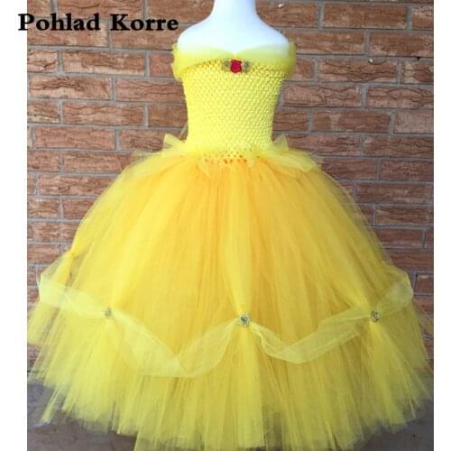 Elegant Yellow Princess Girls Tutu Dress Ball Gown Flowers Girls Princess Birthday Party Dresses Kids Halloween Costume NK020