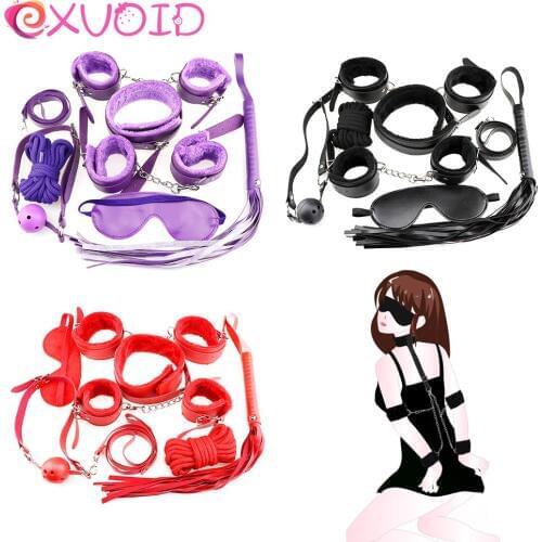 EXVOID Restraints SM Slave Bdsm Bondage Fetish Handcuff 7PCS/SET Sex Leather Spanking Whip Collar Blindfold Sex Toys for Couples