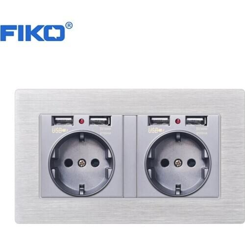 FIKO EU standard wall power socket brushed Aluminium Alloy Panel double frame socket 146*86mm home decoratio ,USB 4 charge port