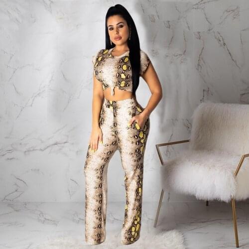 TNNAOFF Snake Skin Print 2 Two Piece Set for Women Festival Clothing Short Sleeve Tops+Wide Leg Pants Lounge Wear Matching Sets