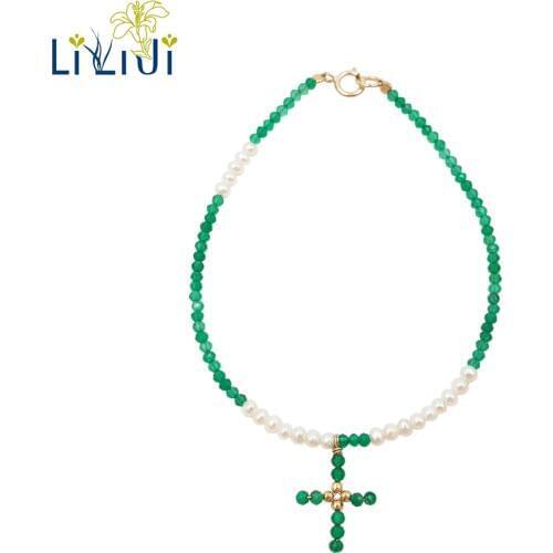 Lii Ji Gemstone Green Onyx,Freshwater Pearl,Cross Pendant 925 Sterling Silver 18K Gold Plated Elegant Bracelet