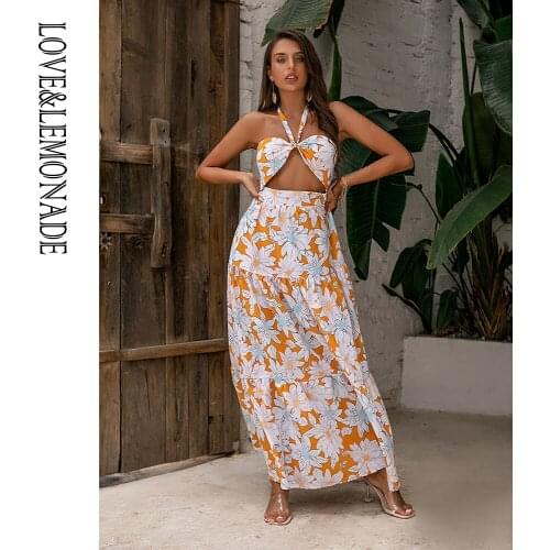 LOVE&LEMONADE Sexy Tube Top Hanging Neck Orange Beach Print A-Line Maxi Dress LM83465
