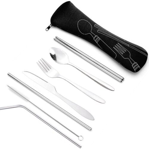 7pcs Dinnerware Portable Printed Stainless Steel Spoon Fork Steak Knife Set Travel Cutlery Tableware with Bag Dinnerware Sets