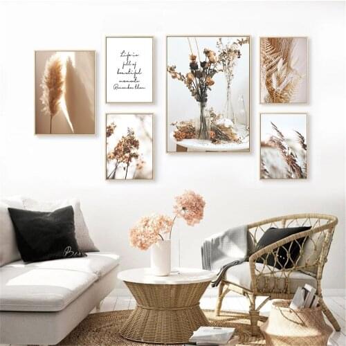 Beige Reed Dried Flower Plants Wall Art Canvas Print Nordic Poster Botanical Landscape Wall Painting Pictures Living Room Decor