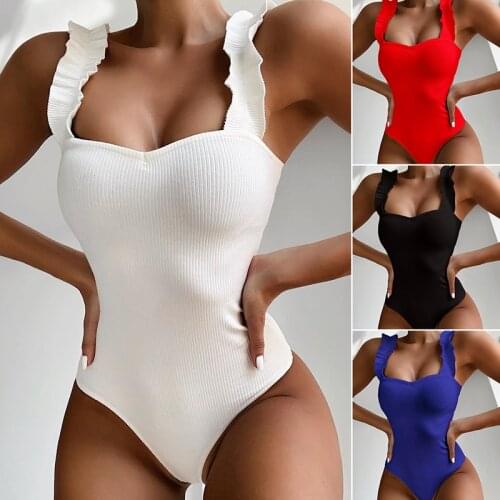 Sexy White One Piece Solid Female Swimsuit Women Wood Ear Ruffle Swimwear Push Up Bathing Suits Summer Beach Wear Swimming Suit