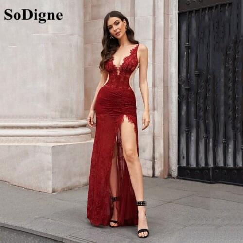 SoDigne Burgundy Trumpet/Mermaid Prom Dresses Tulle Lace V-neck Sleeveless Mother Wedding Party Dress Elegant Formal Gowns