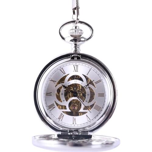 8946Low-key luxury silver two-sided open cover smooth Roman surface pocket watch with necklace